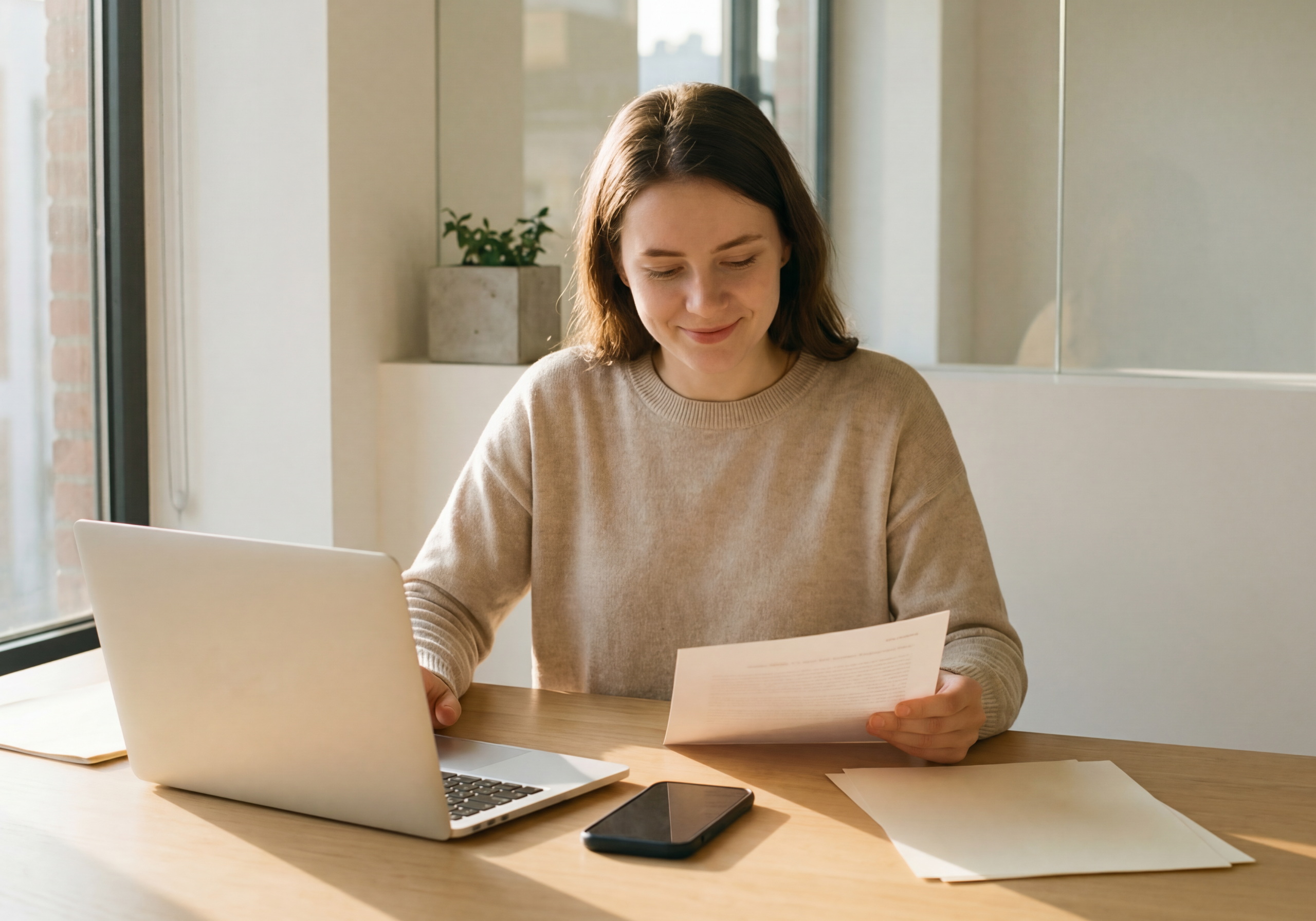 Una giovane donna seduta a una scrivania in un ufficio moderno e minimalista, mentre lavora al computer e consulta contemporaneamente dei documenti cartacei in un ambiente molto luminoso.